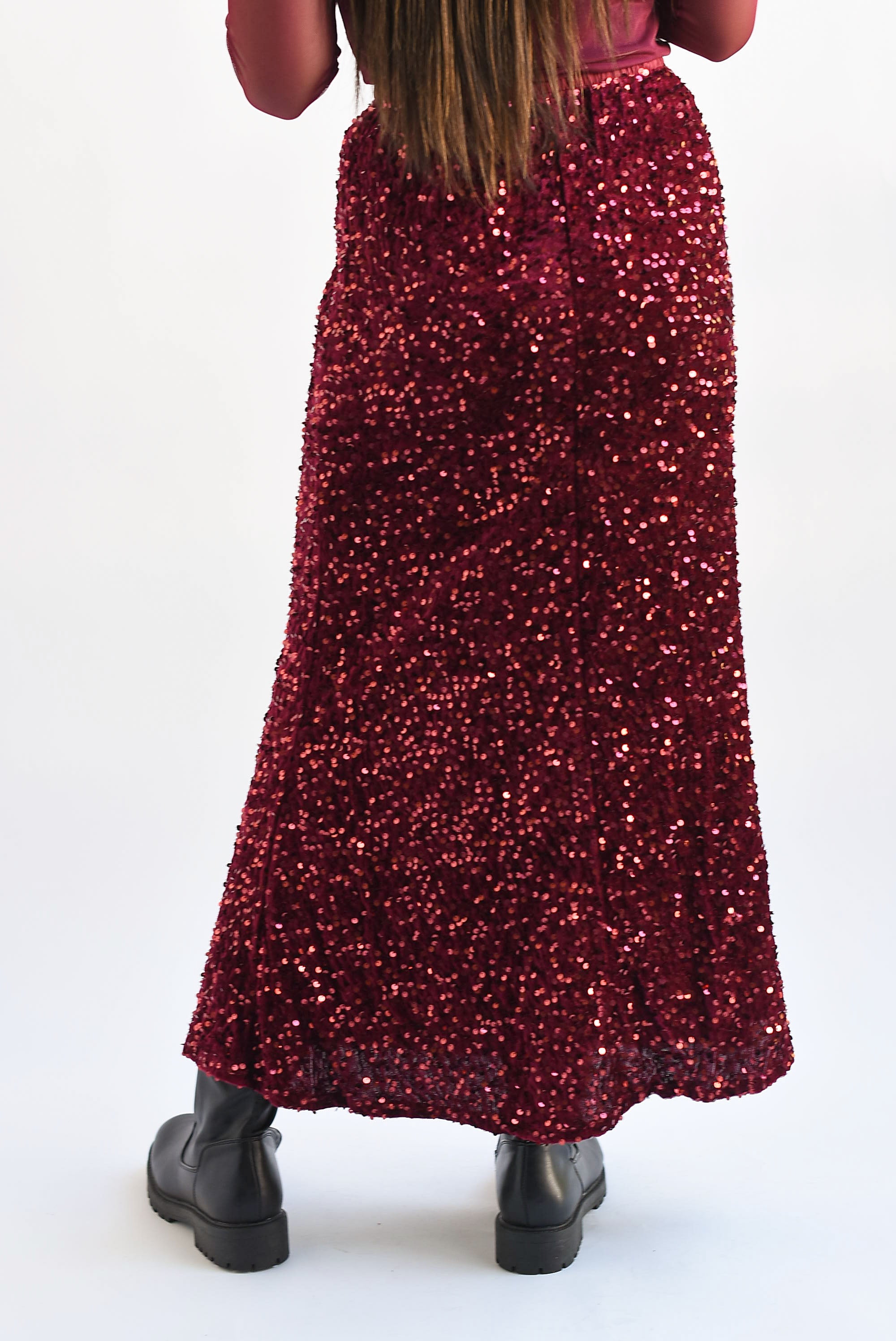 Falda midi terciopelo lentejuela Vino