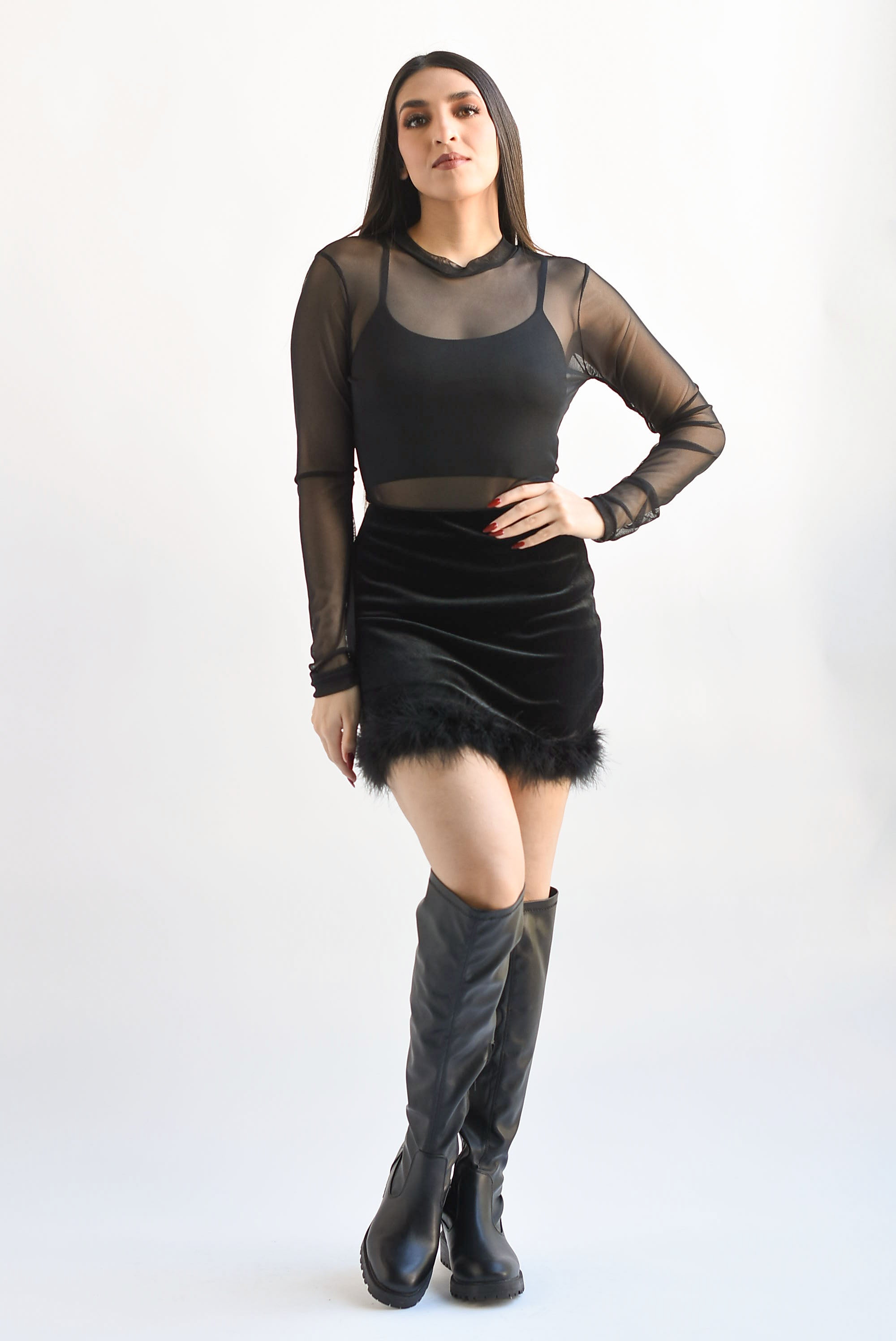 Falda mini terciopelo plumas Negro