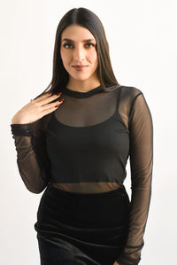 Fashion Styled Blusa mesh manga larga Negro