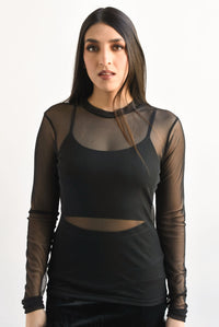 Fashion Styled Blusa mesh manga larga Negro