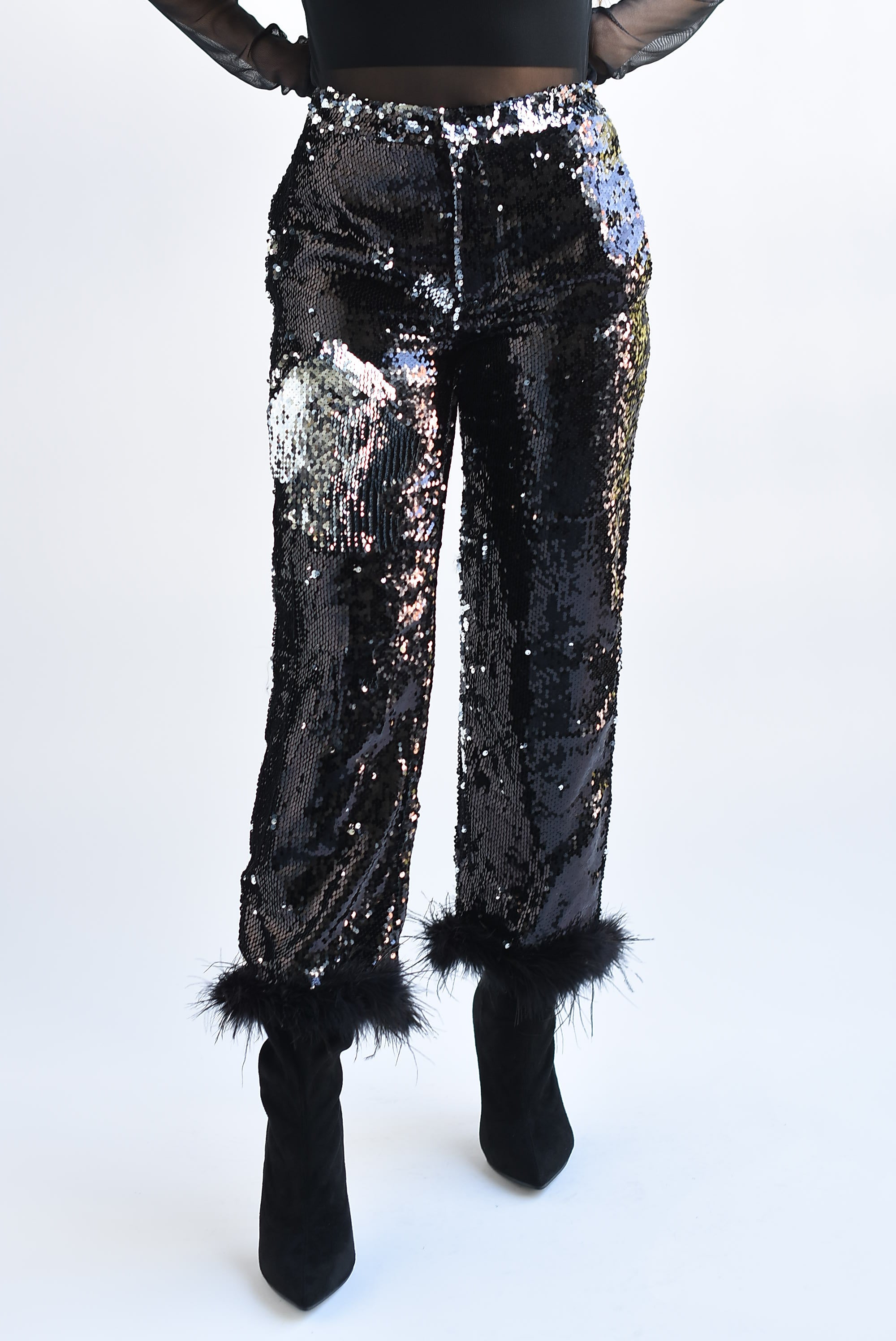 Pantalón lentejuela plumas Negro