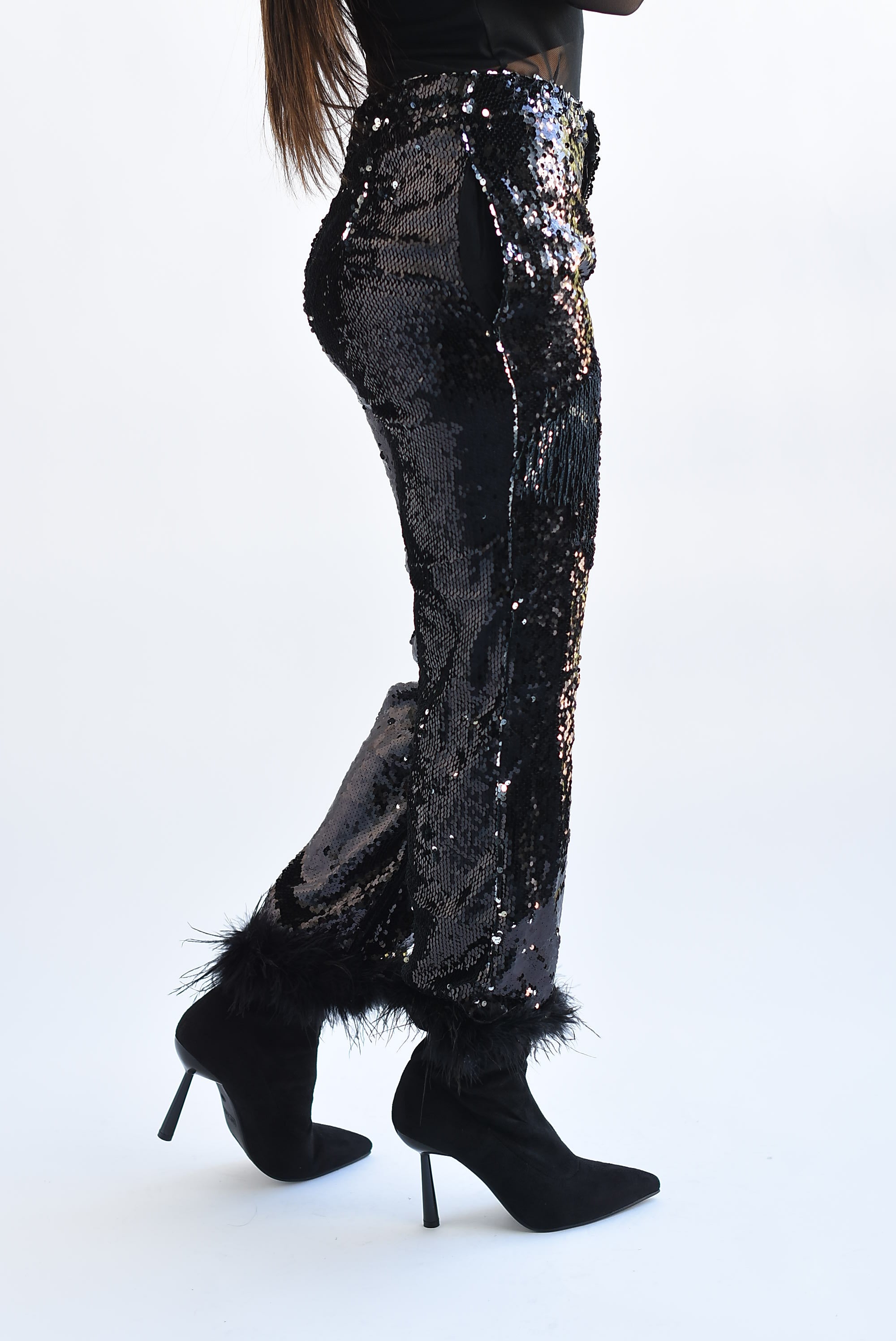 Pantalón lentejuela plumas Negro