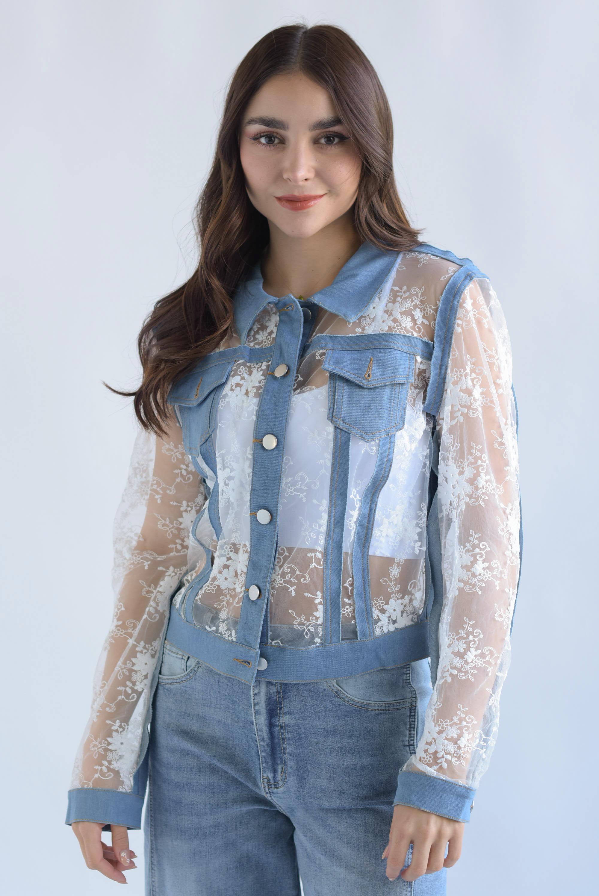 Chamarra encaje con denim azul Blanco