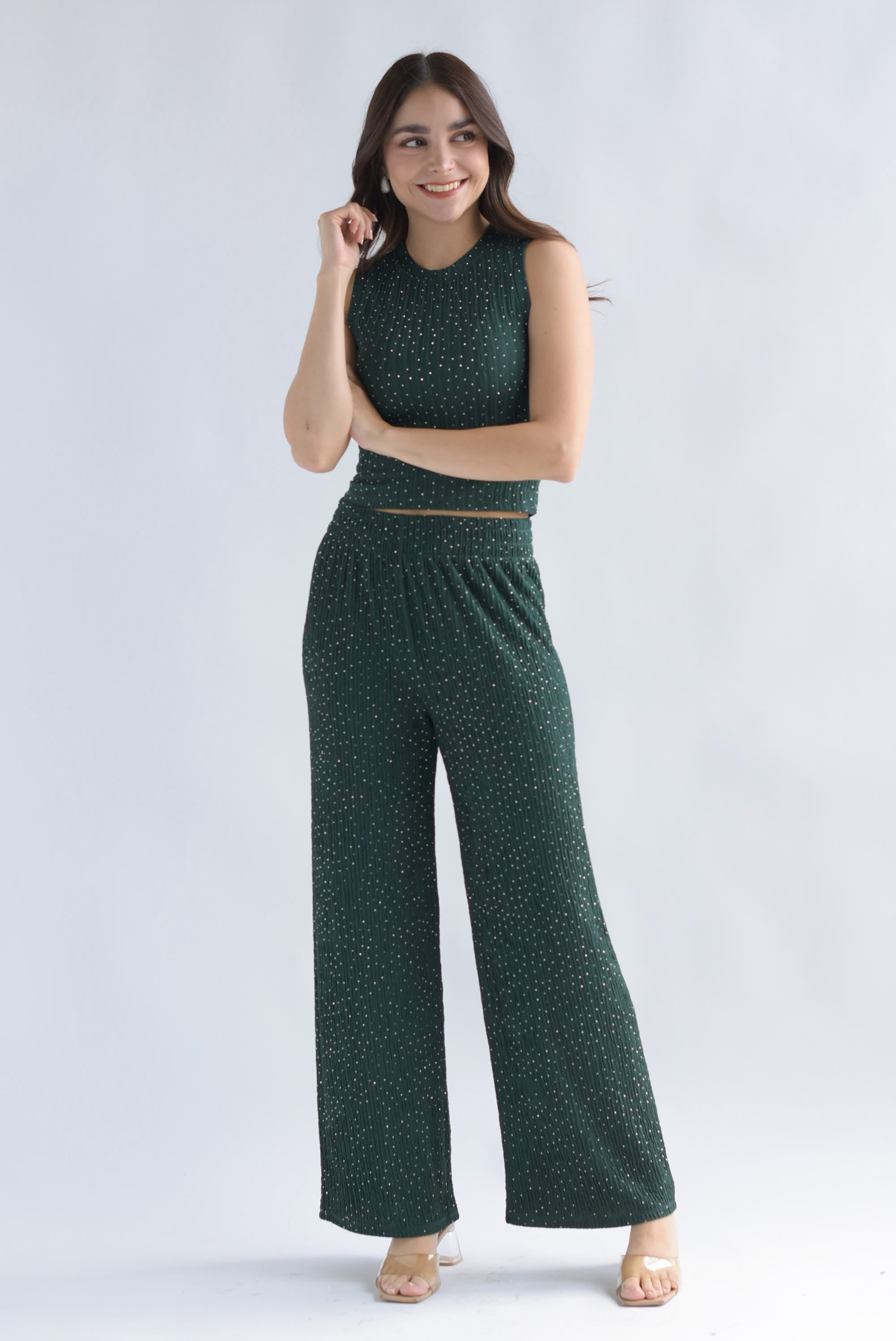 Set Pantalón y Blusa corrugado brillos Verde Esmeralda