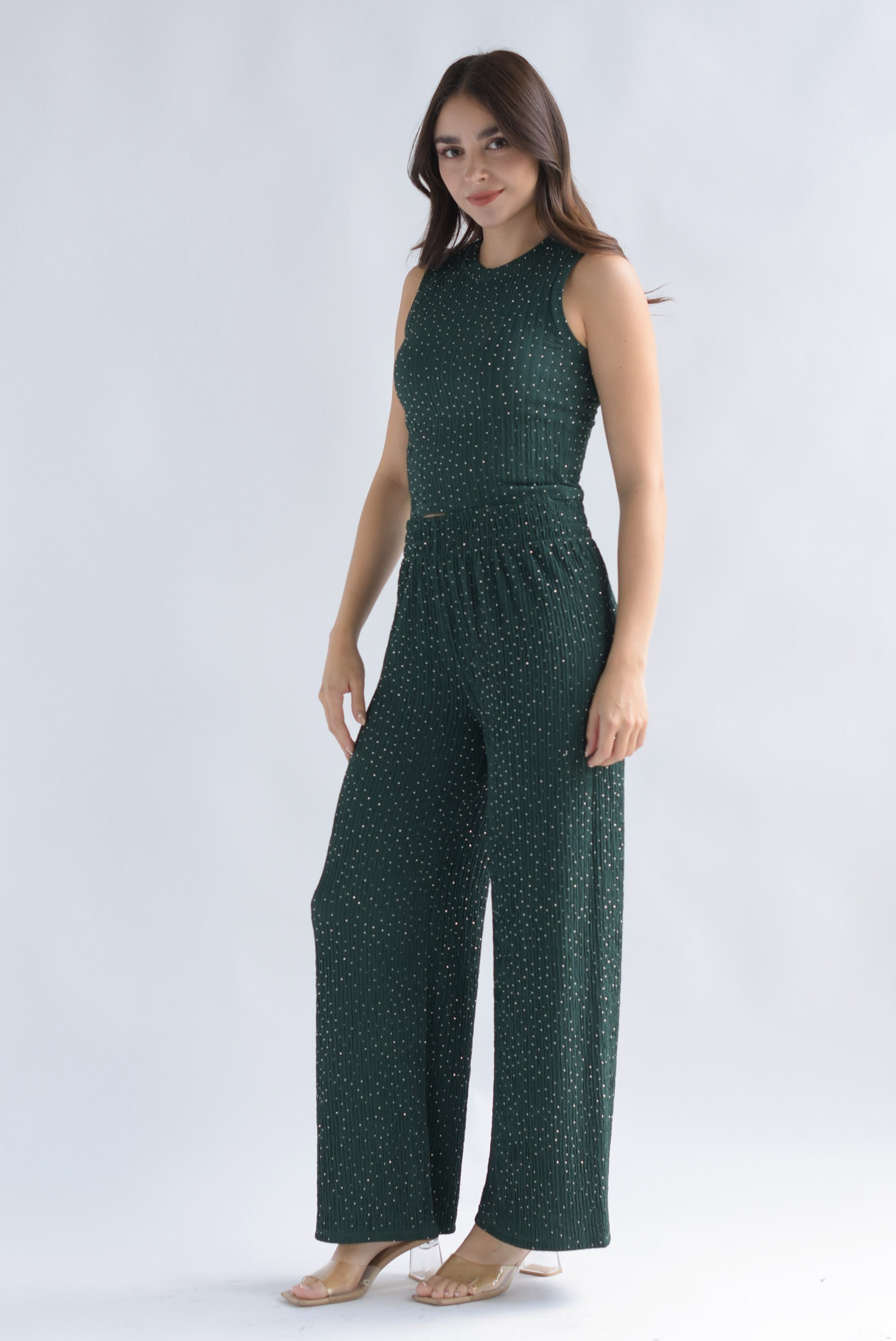 Set Pantalón y Blusa corrugado brillos Verde Esmeralda