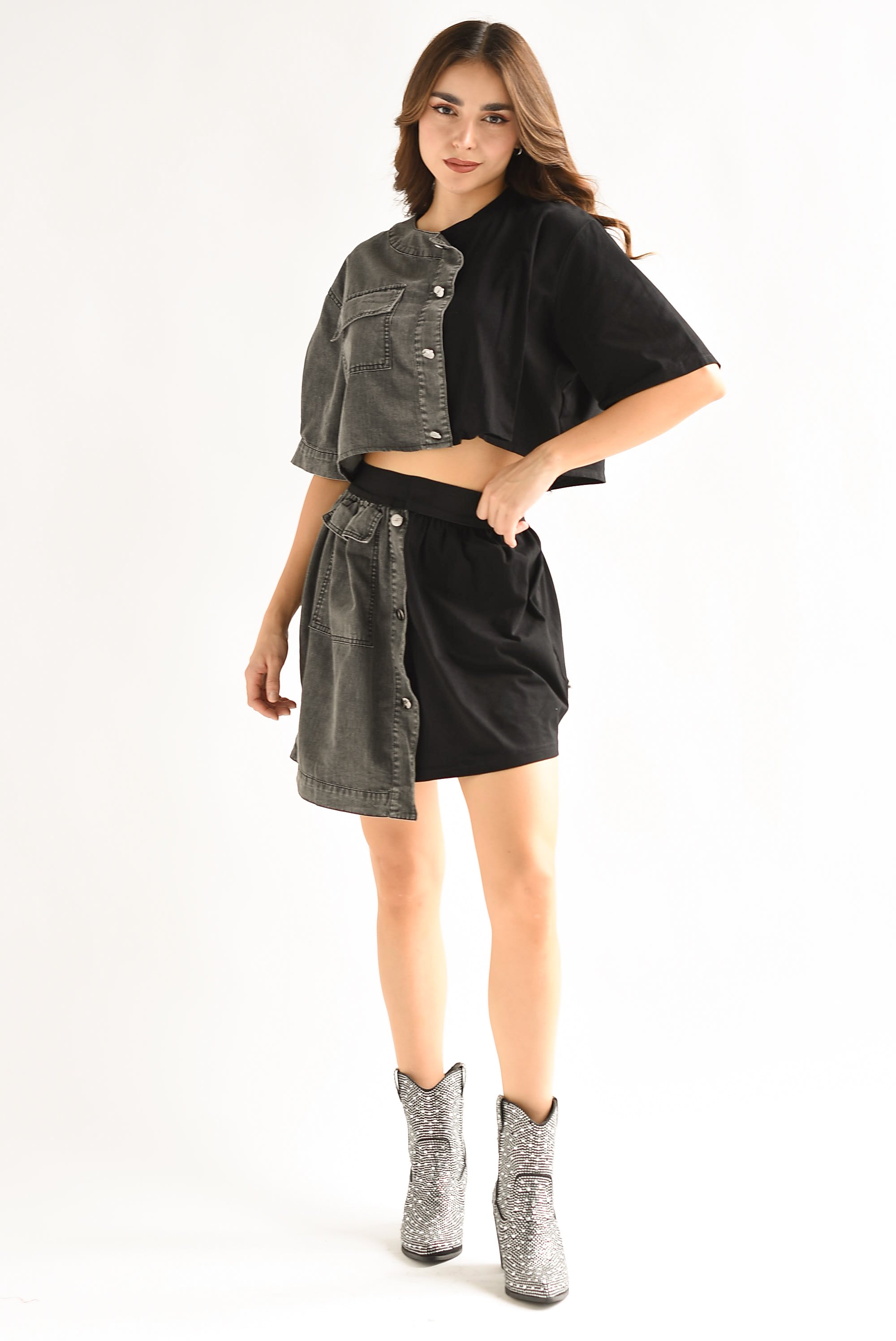 Set Falda y Blusa bitono Denim Negro