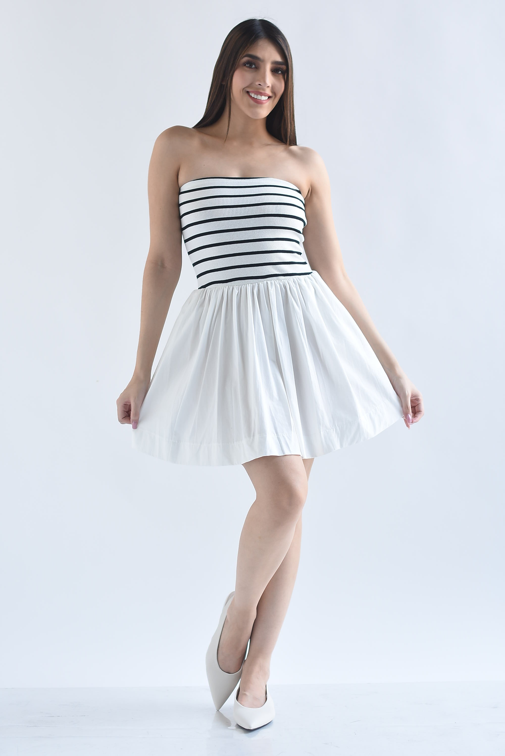 Vestido strapless top canalé rayas