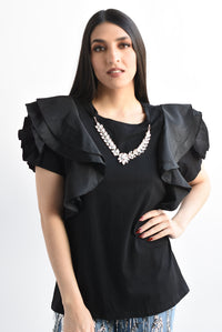 Fashion Styled Blusa manga escarola collar joya Negro