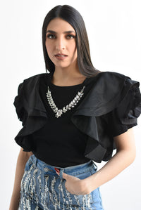 Fashion Styled Blusa manga escarola collar joya Negro