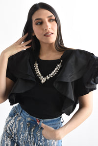 Fashion Styled Blusa manga escarola collar joya Negro