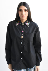 Fashion Styled Camisa cuello joyas multi Negro