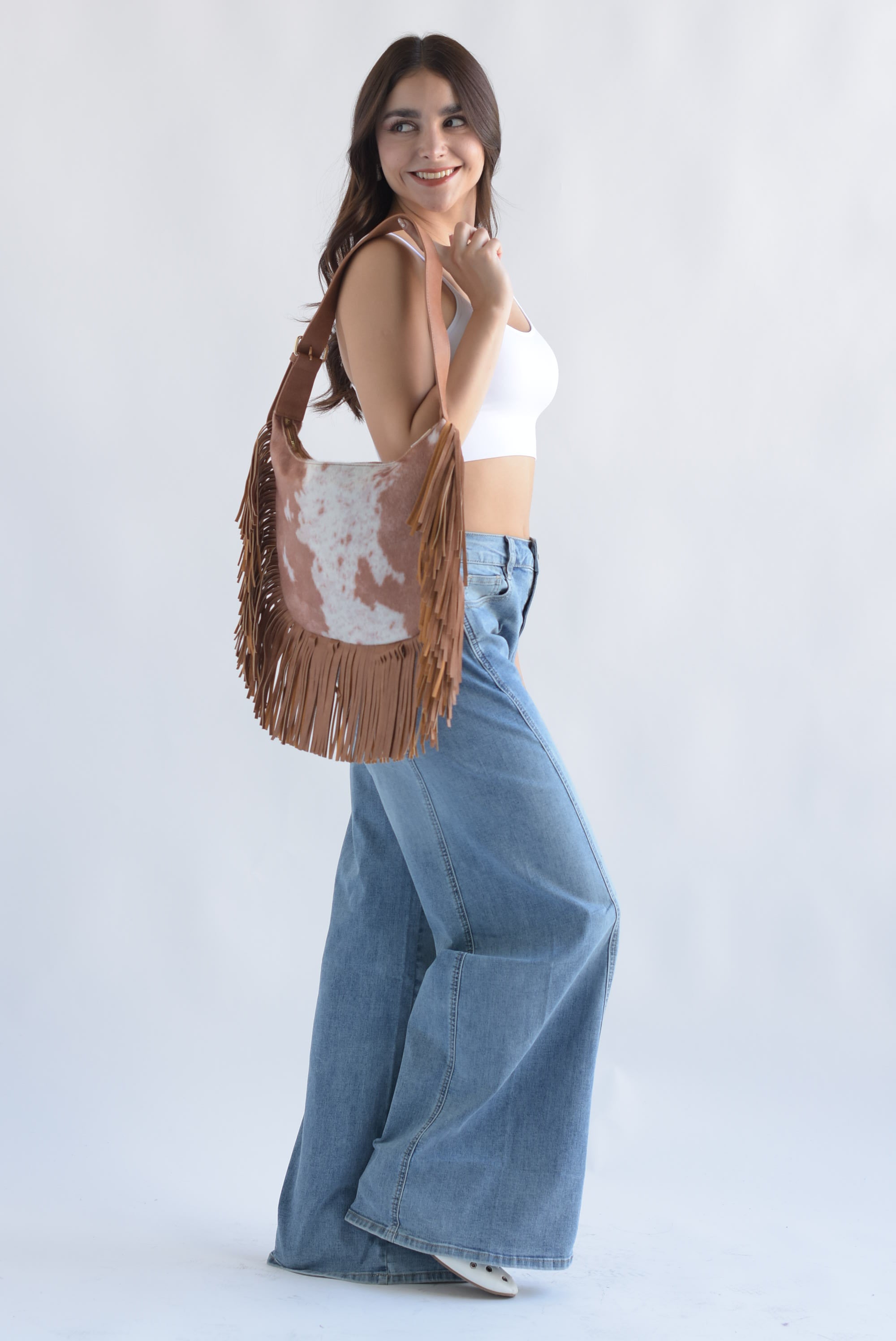 Bolso boho flecos cow Camel