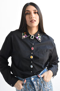 Fashion Styled Camisa cuello joyas multi Negro