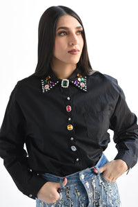 Fashion Styled Camisa cuello joyas multi Negro