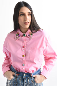 Fashion Styled Camisa cuello joyas multi Rosa