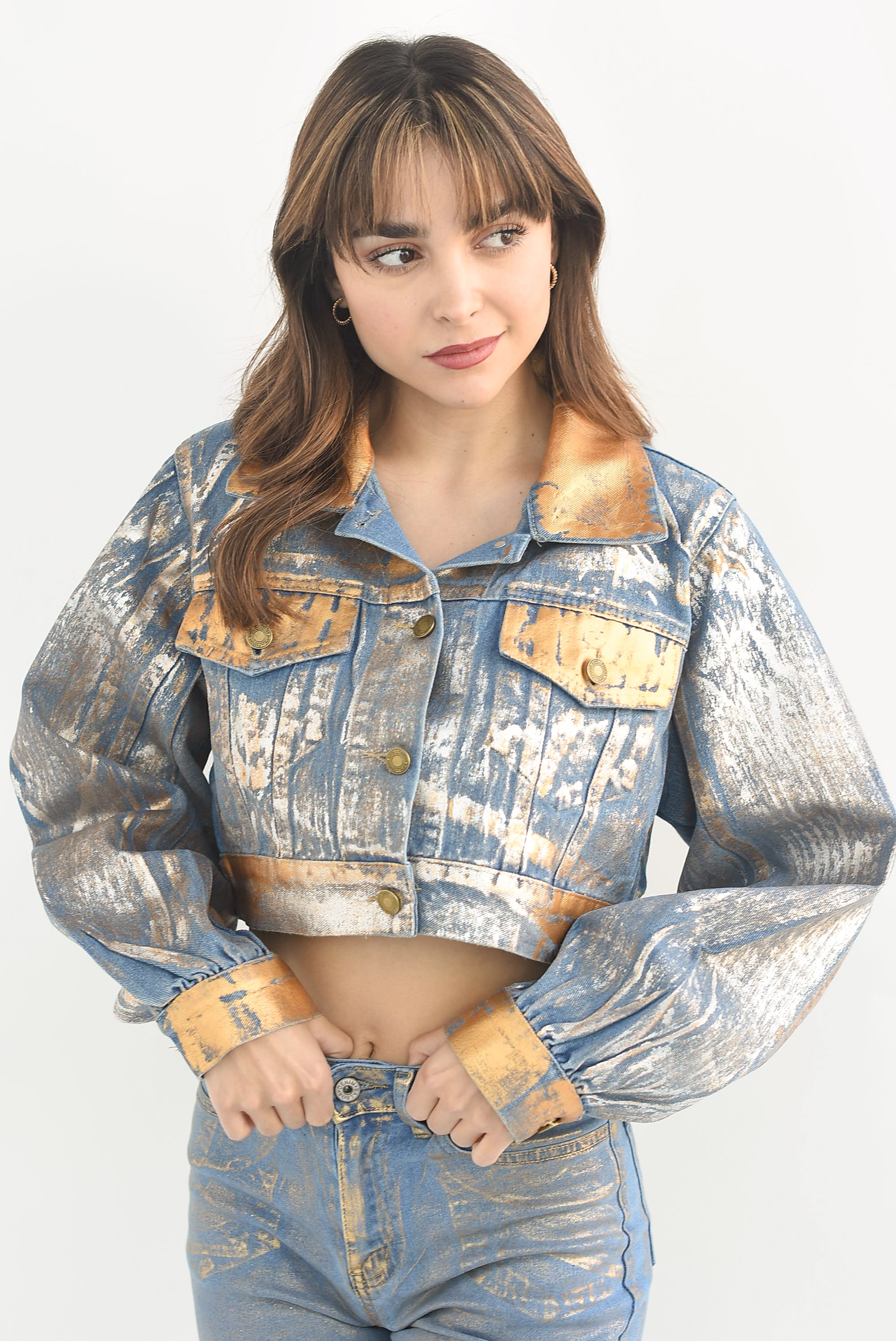 Chamarra crop denim Foil Dorada