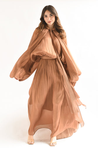 Vestido largo drapeado talle largo Café