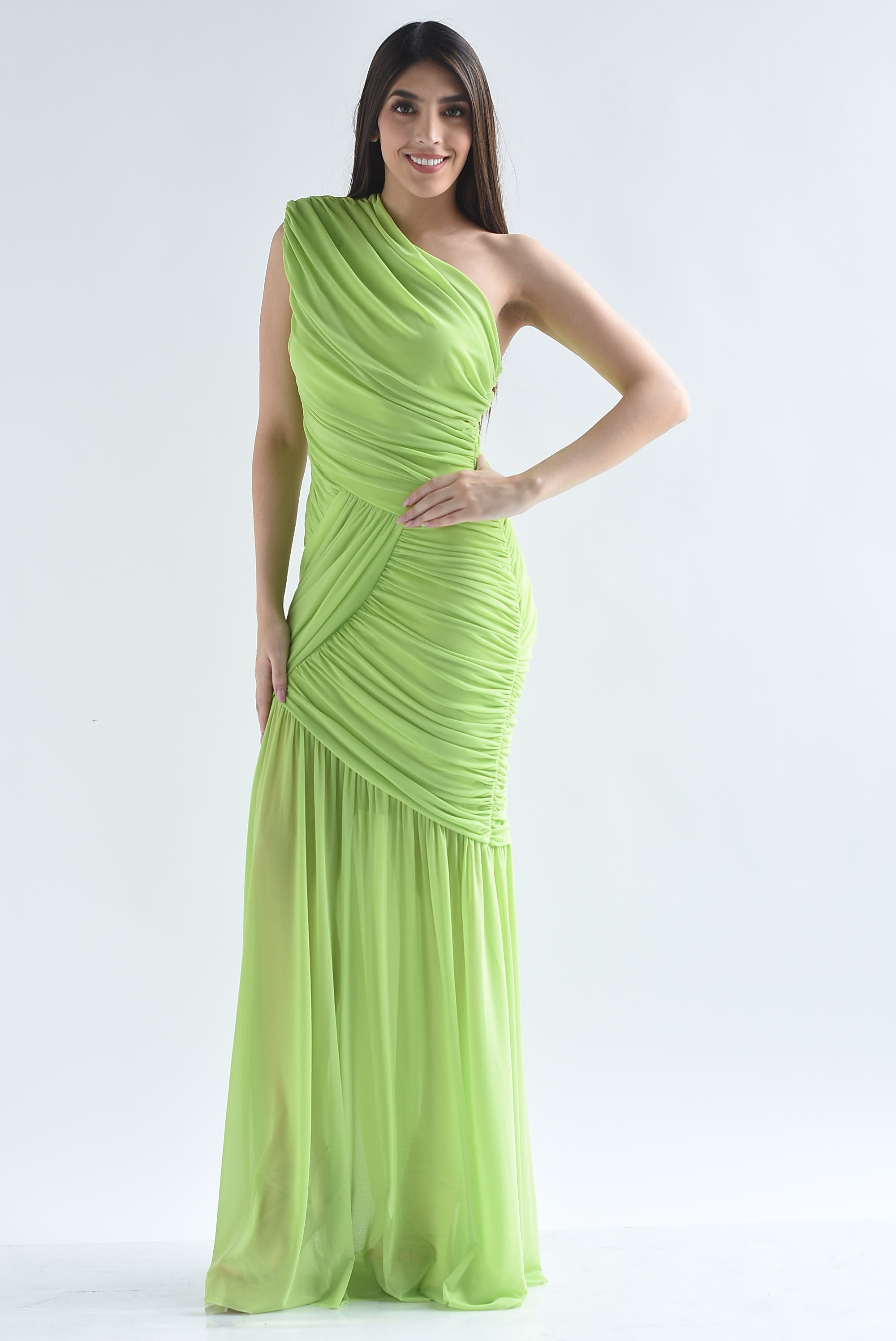 Vestido largo mesh drapeado un hombro