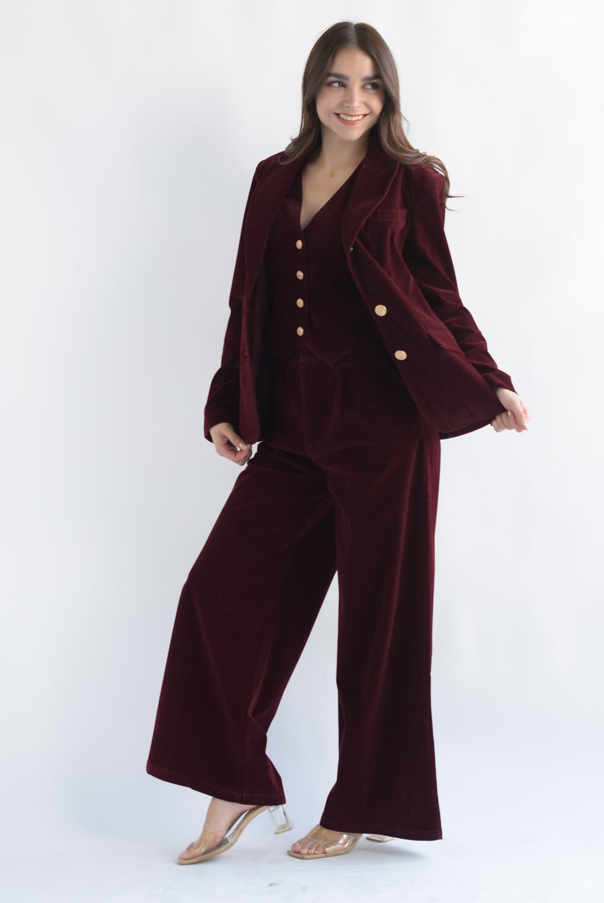 Set Pantalón y Blazer terciopelo Vino