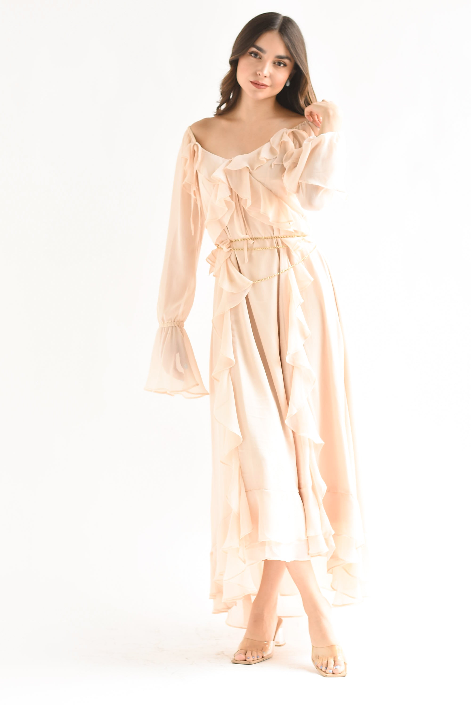 Vestido largo olanes gasa Ivory