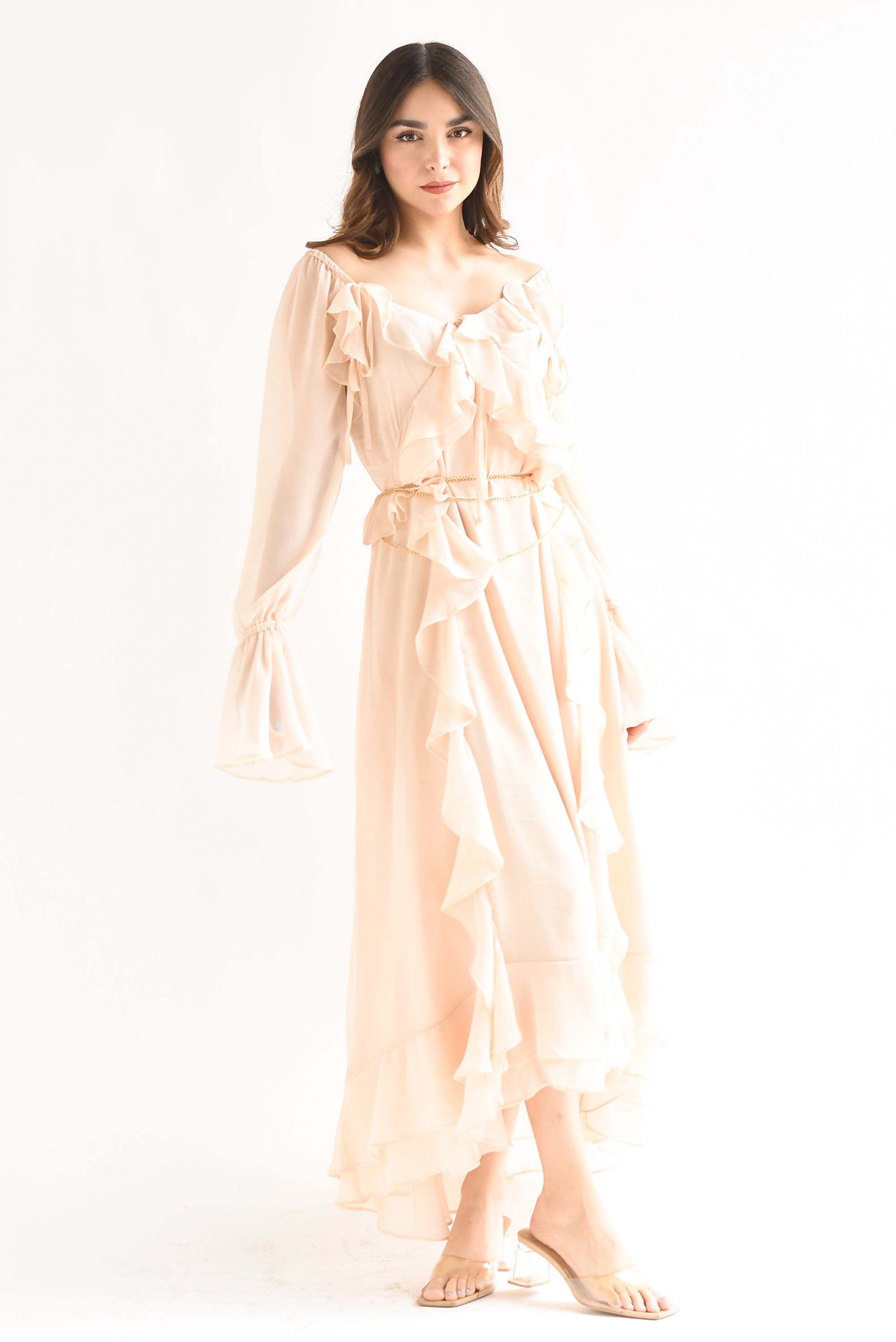 Vestido largo olanes gasa Ivory