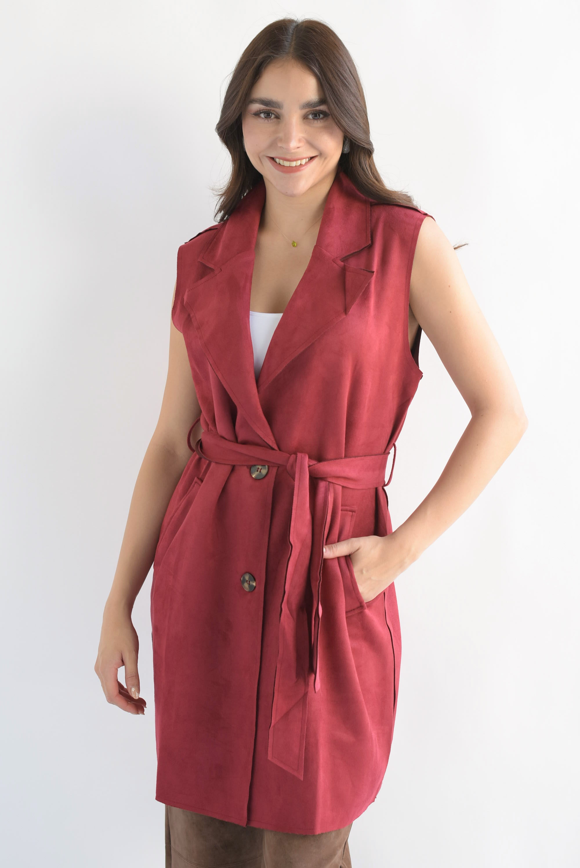 Chaleco largo cinta suede Rojo Cereza