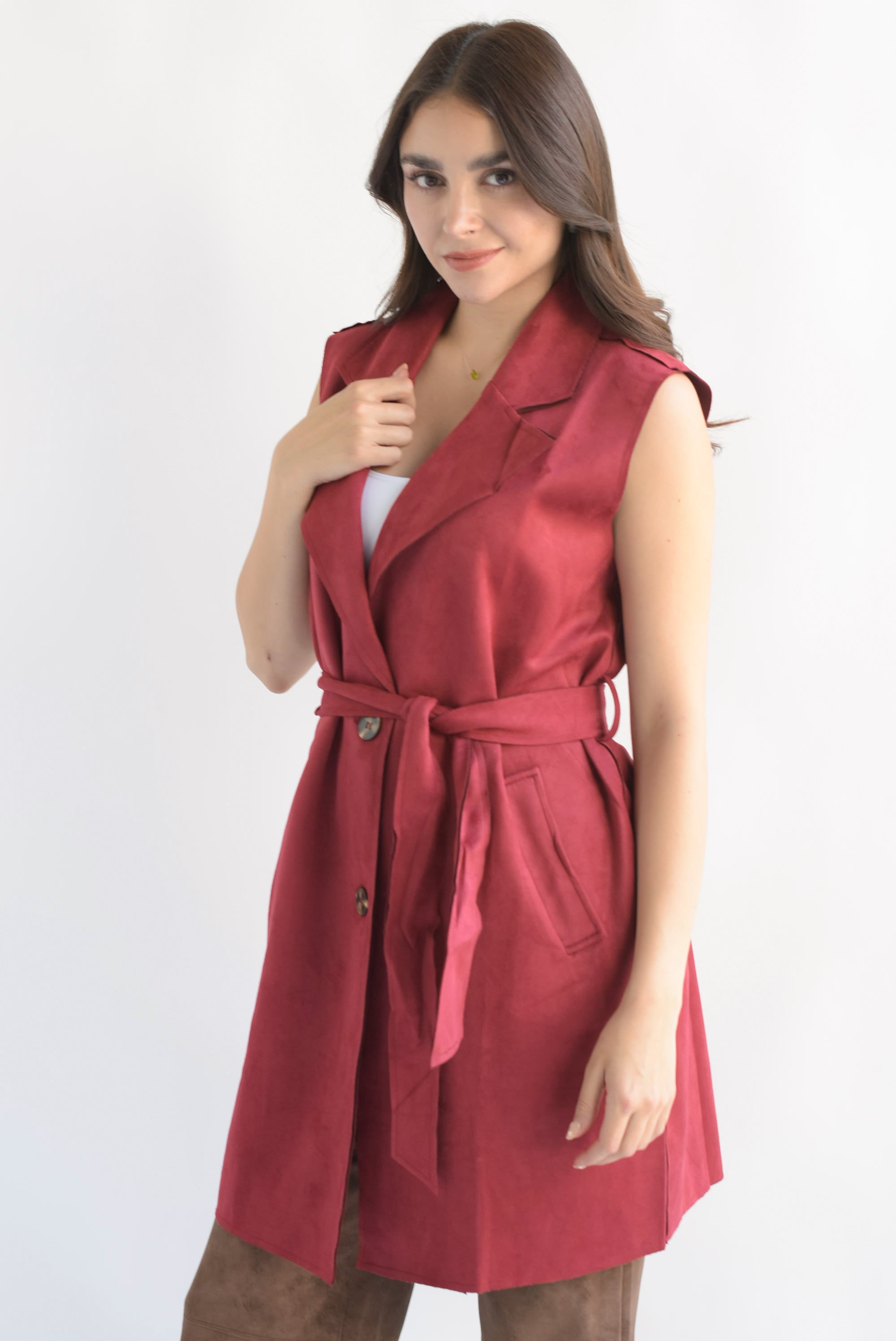 Chaleco largo cinta suede Rojo Cereza