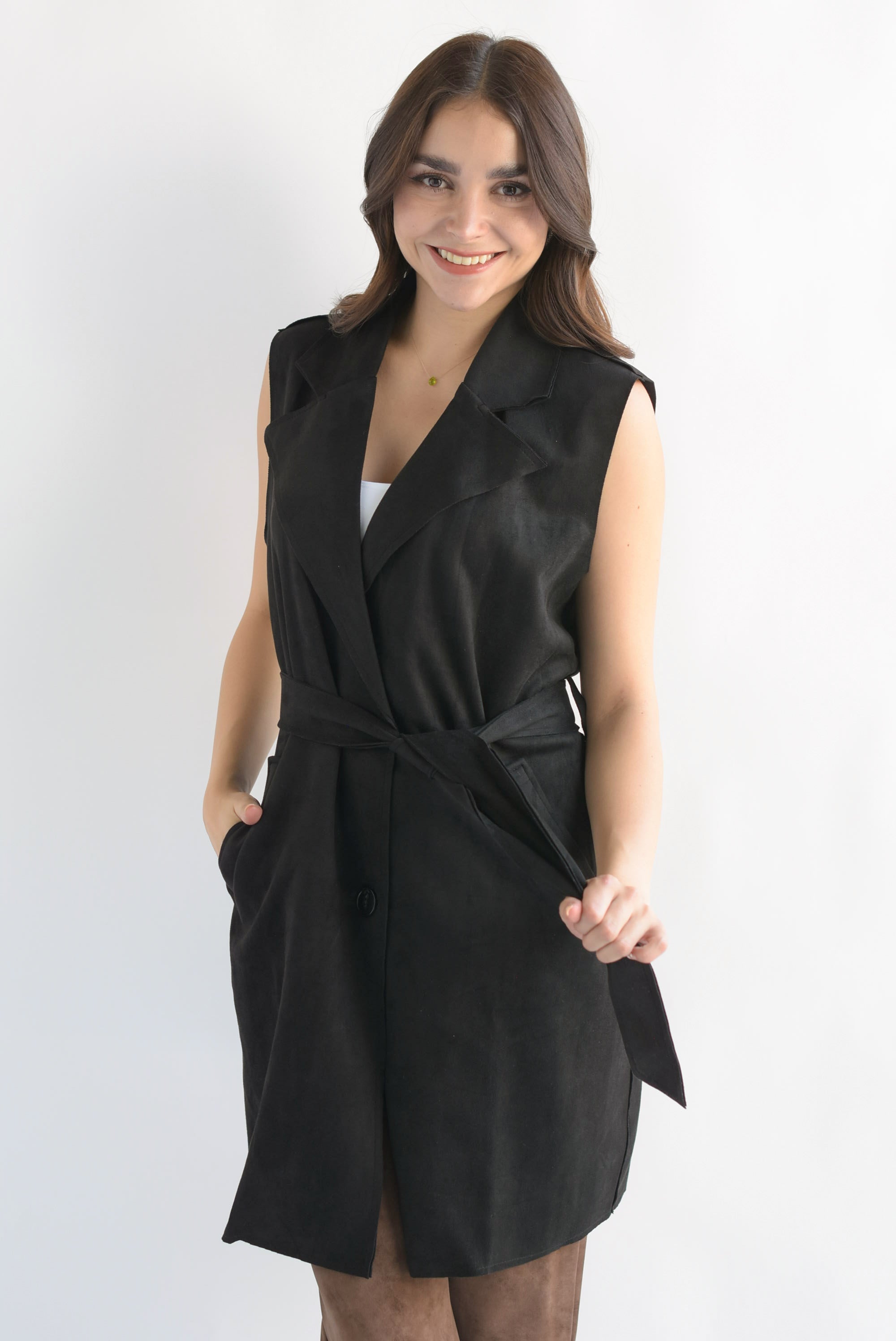 Chaleco largo cinta suede Negro