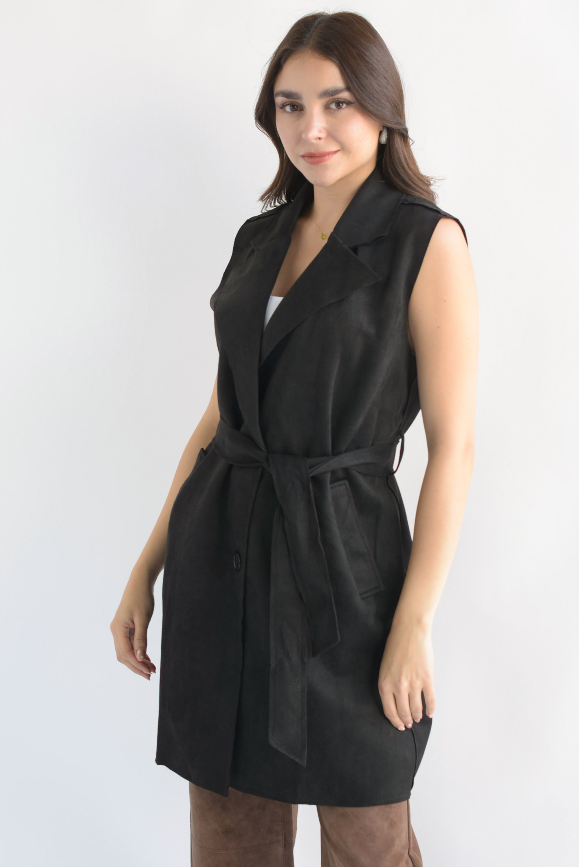 Chaleco largo cinta suede Negro