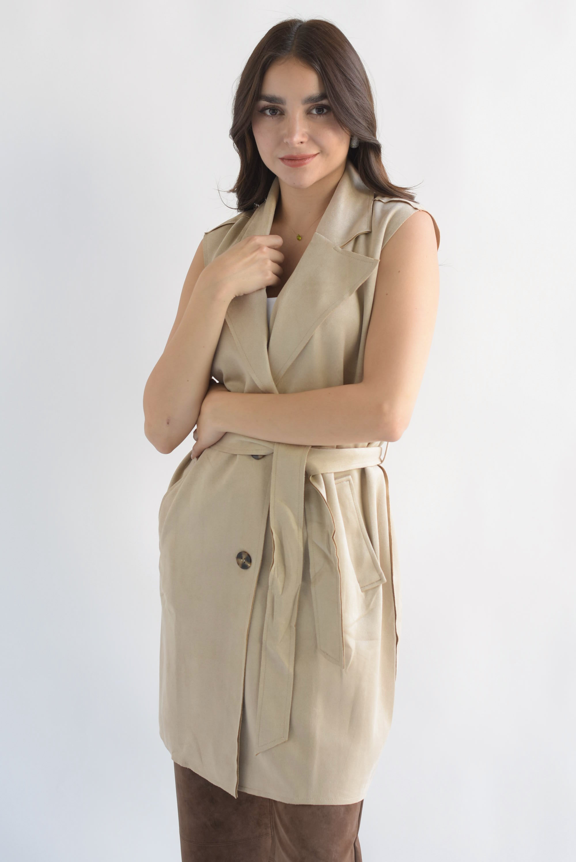 Chaleco largo cinta suede Beige