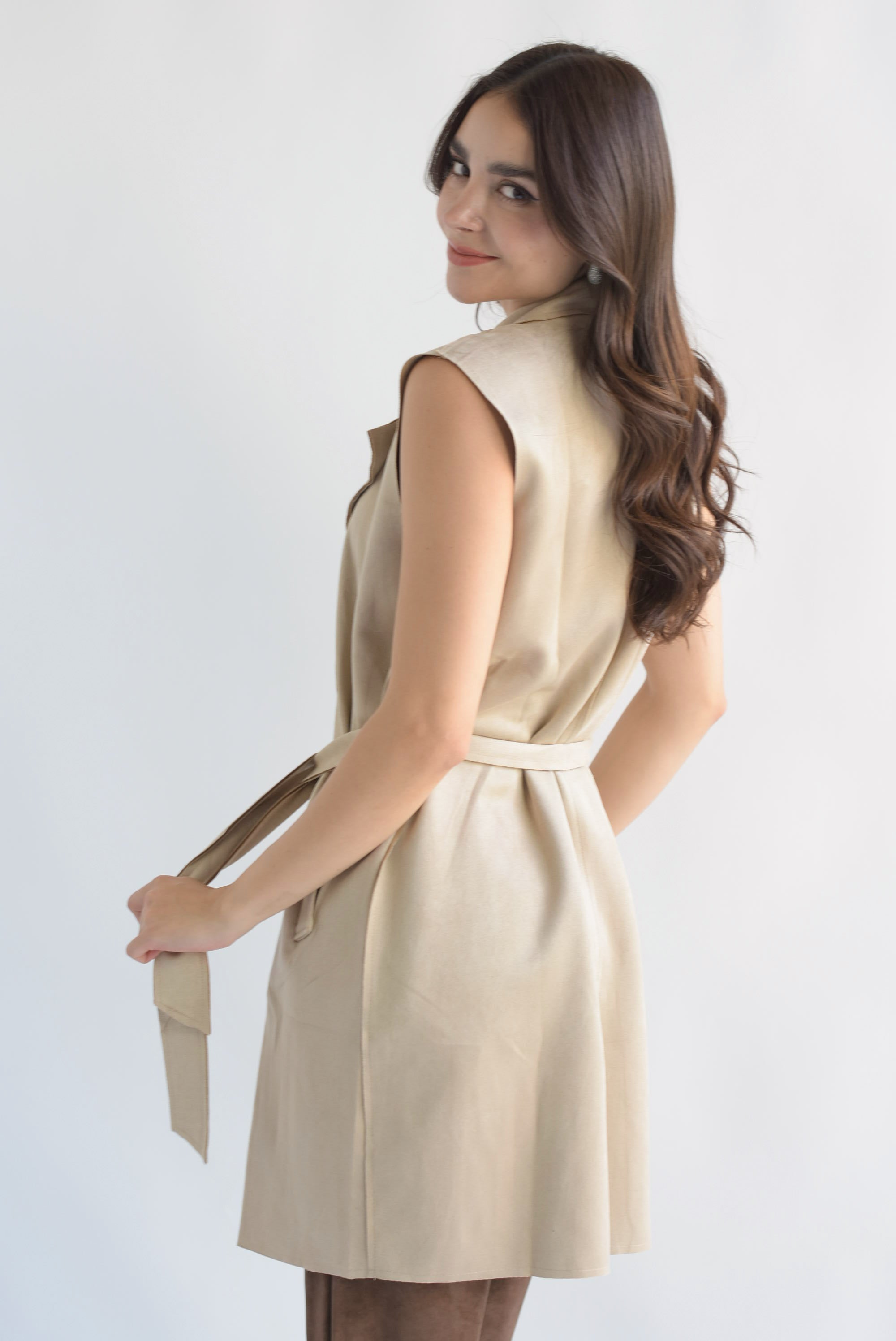 Chaleco largo cinta suede Beige