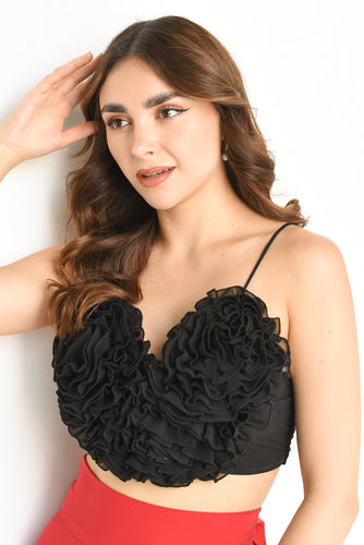 Top corazón escarolas Negro
