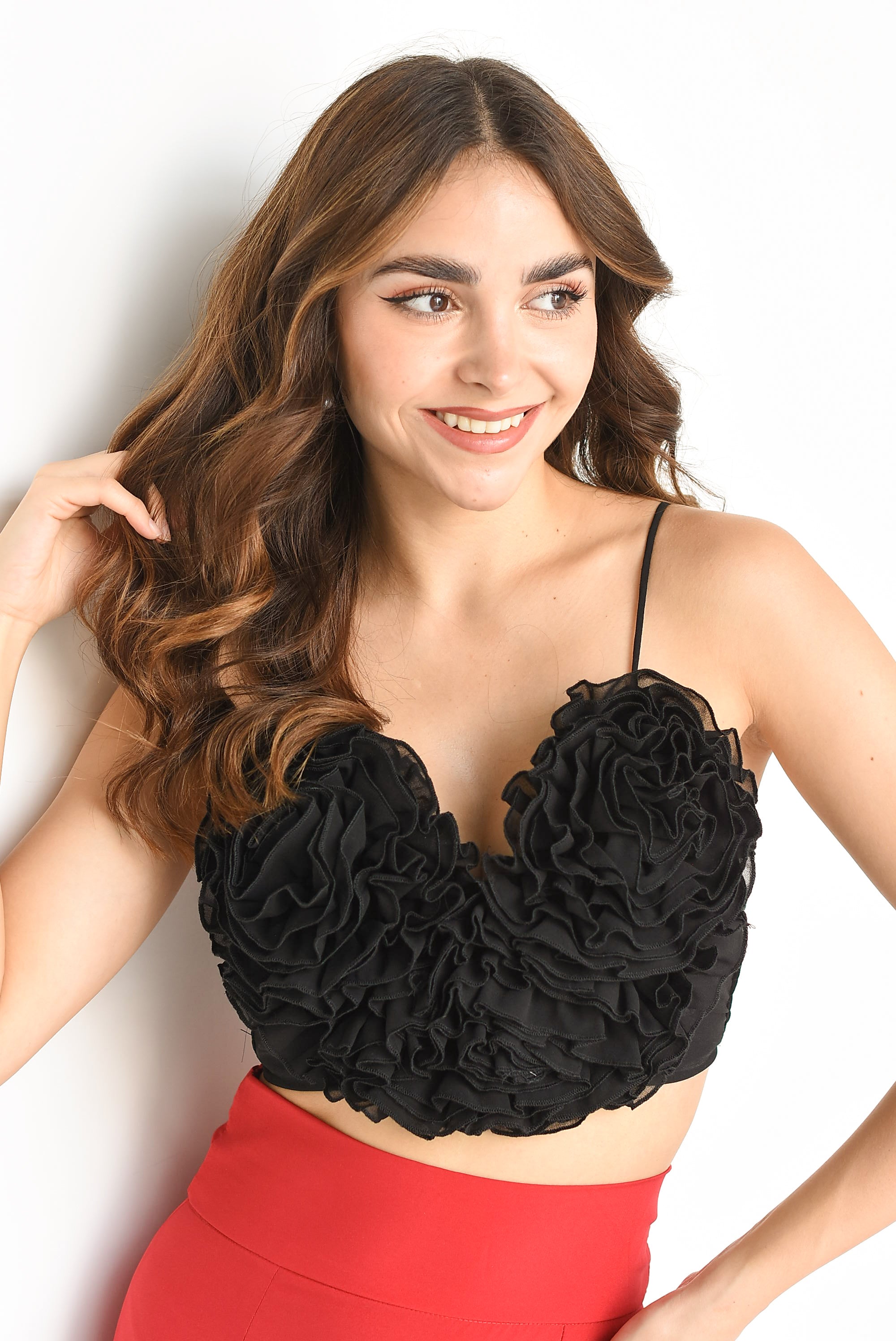Top corazón escarolas Negro