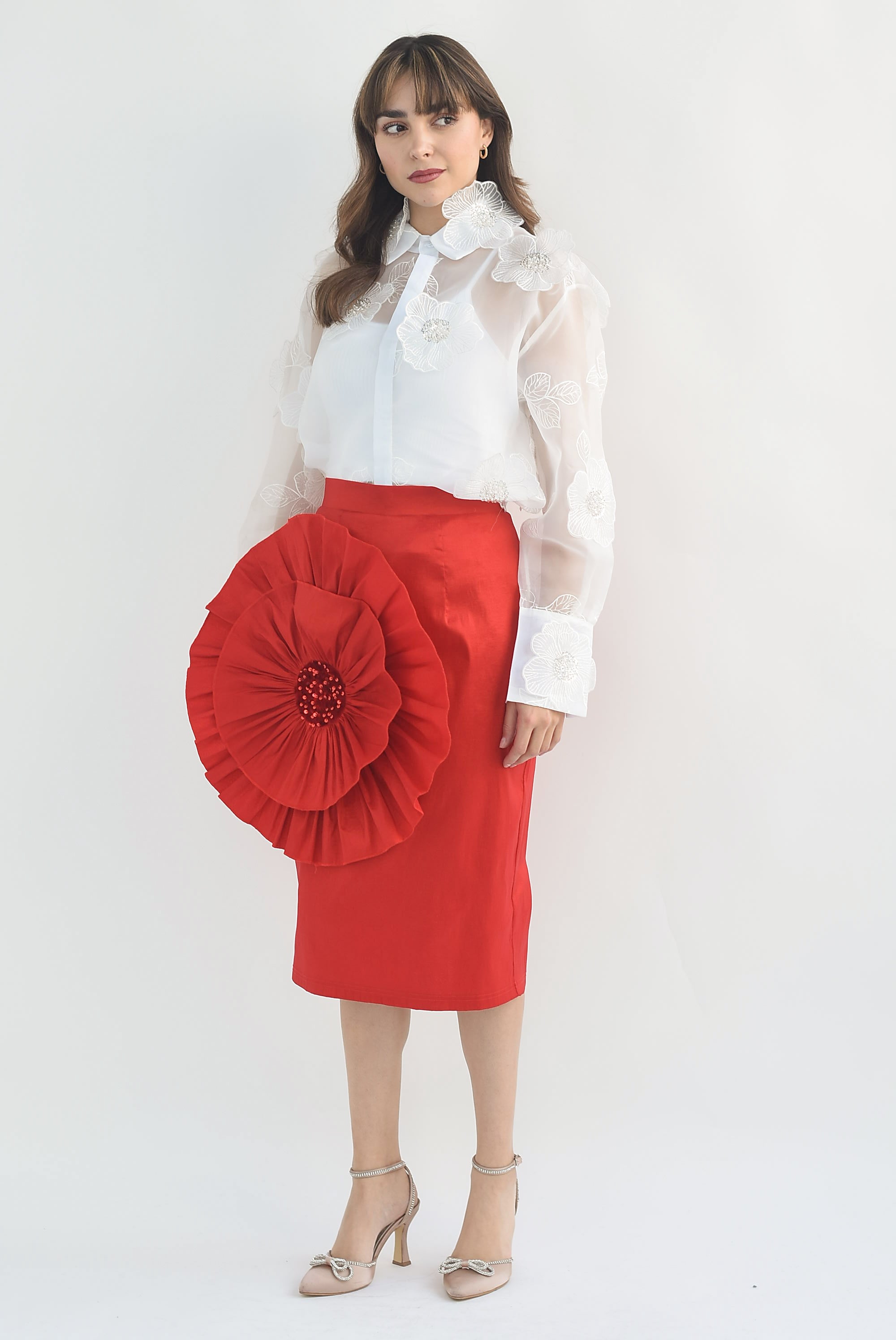 Falda recta maxi flor 3D Roja