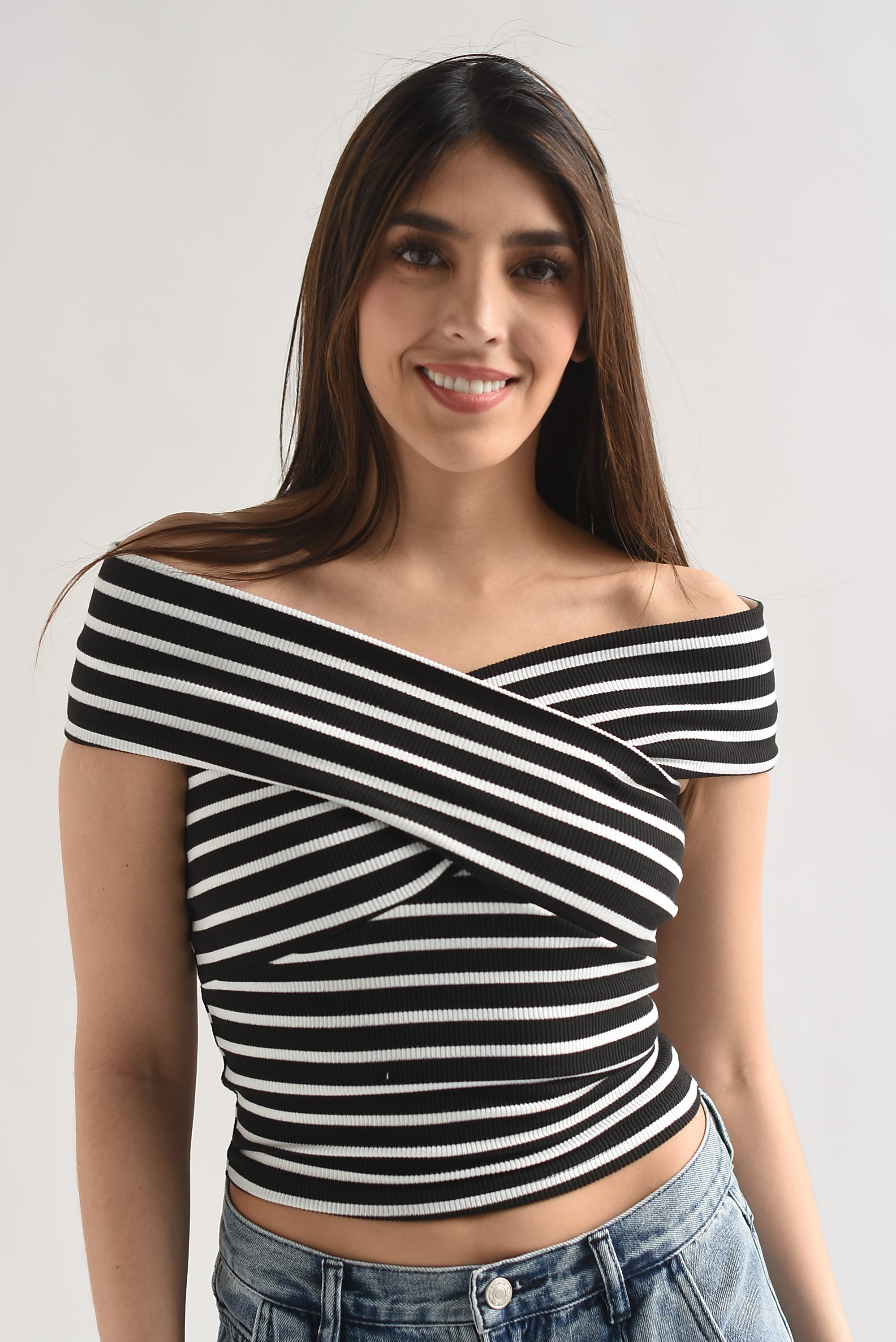Top off-shoulders cruzado rayas