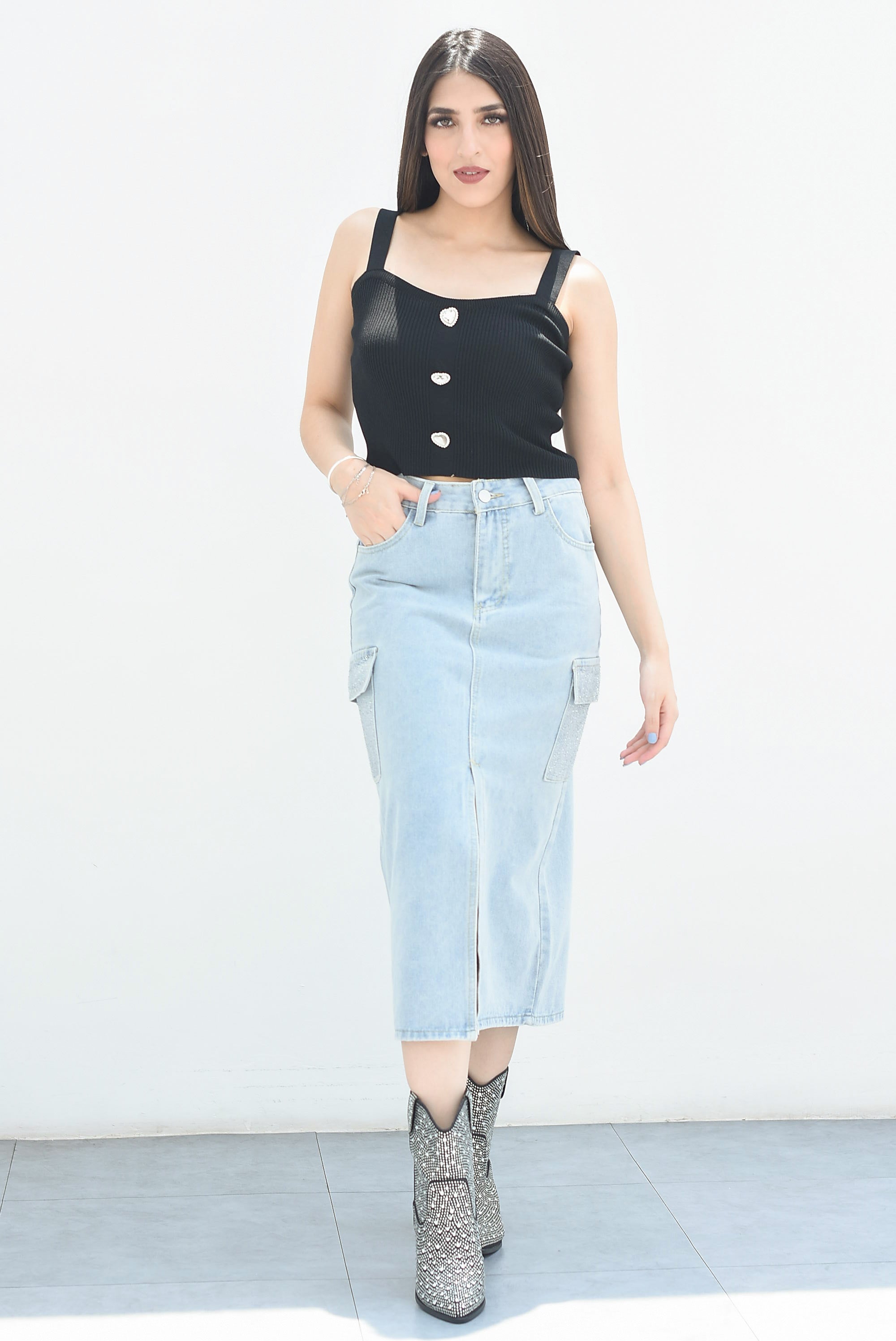 Falda denim cargo brillos Light
