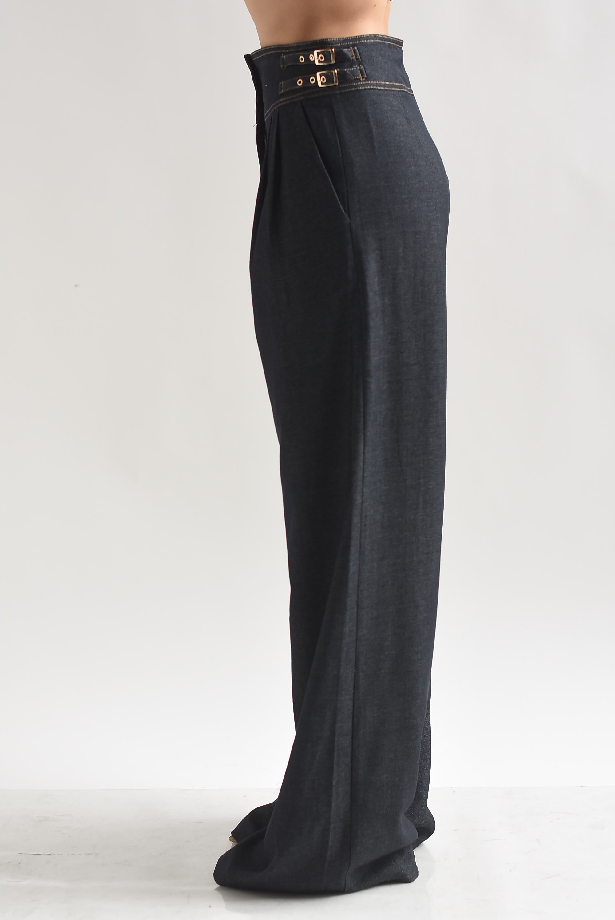 Pantalón Denim pretina ancha hebillas
