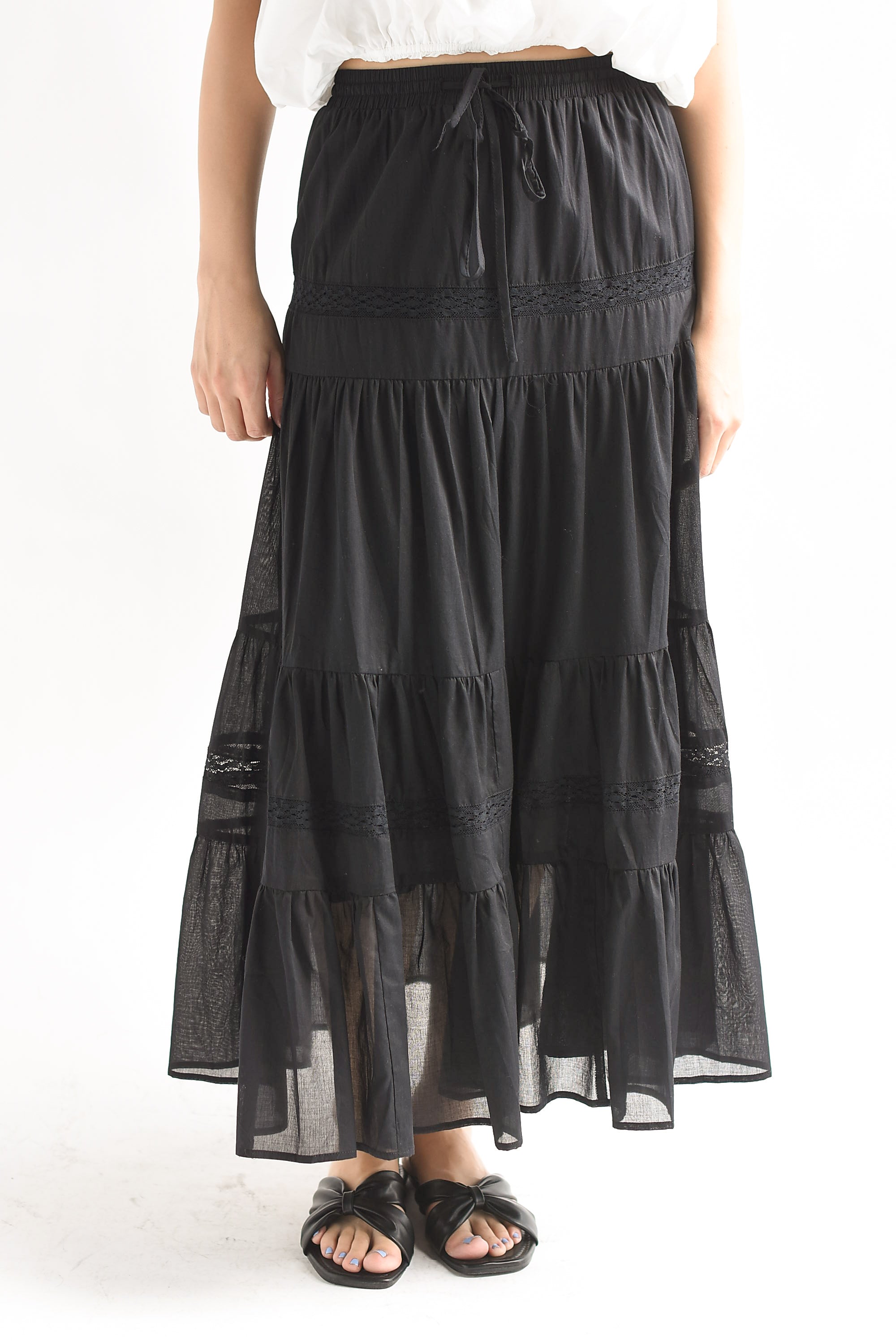 Falda larga boho tira encaje olanes Negro