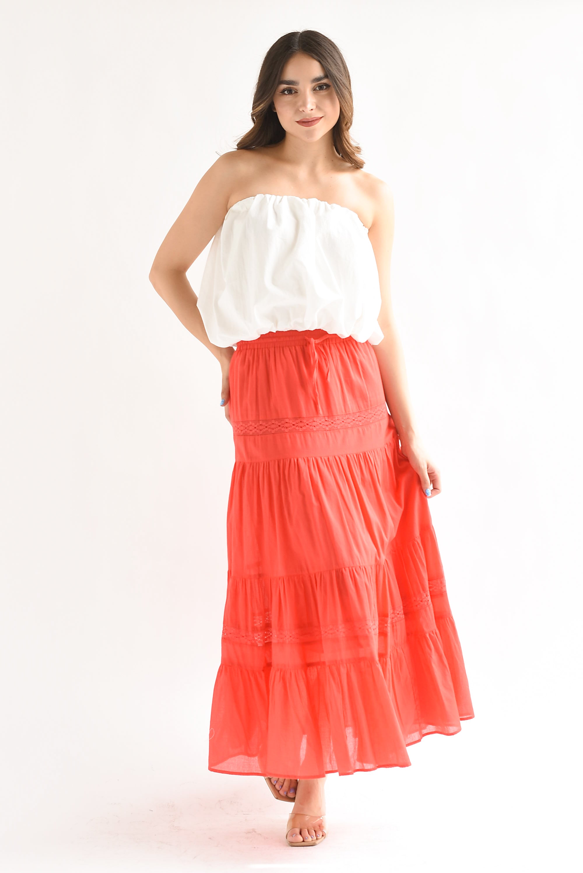 Falda larga boho tira encaje olanes Rojo Tomate