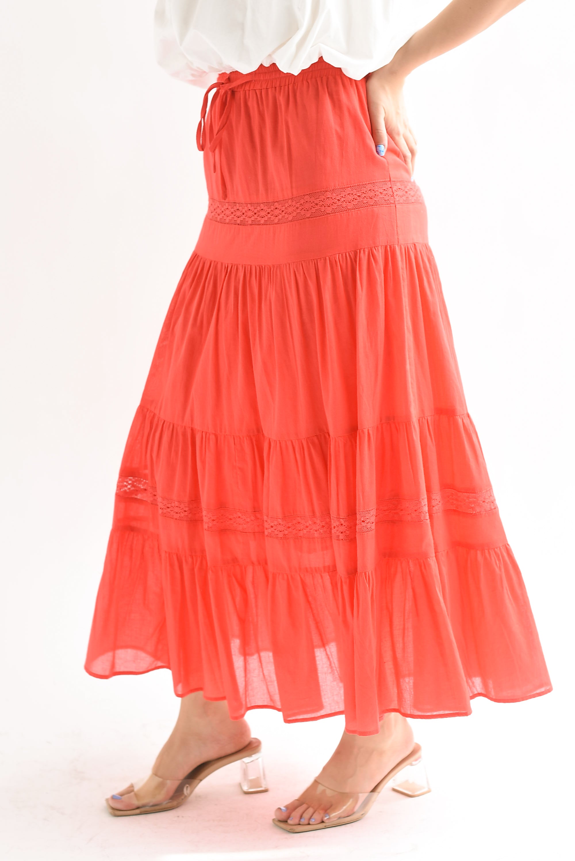 Falda larga boho tira encaje olanes Rojo Tomate