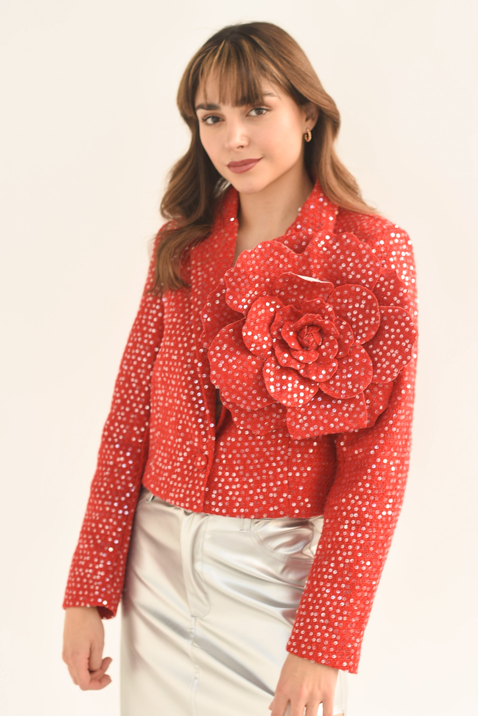 Blazer crop lentejuela maxi Flor 3D Rojo