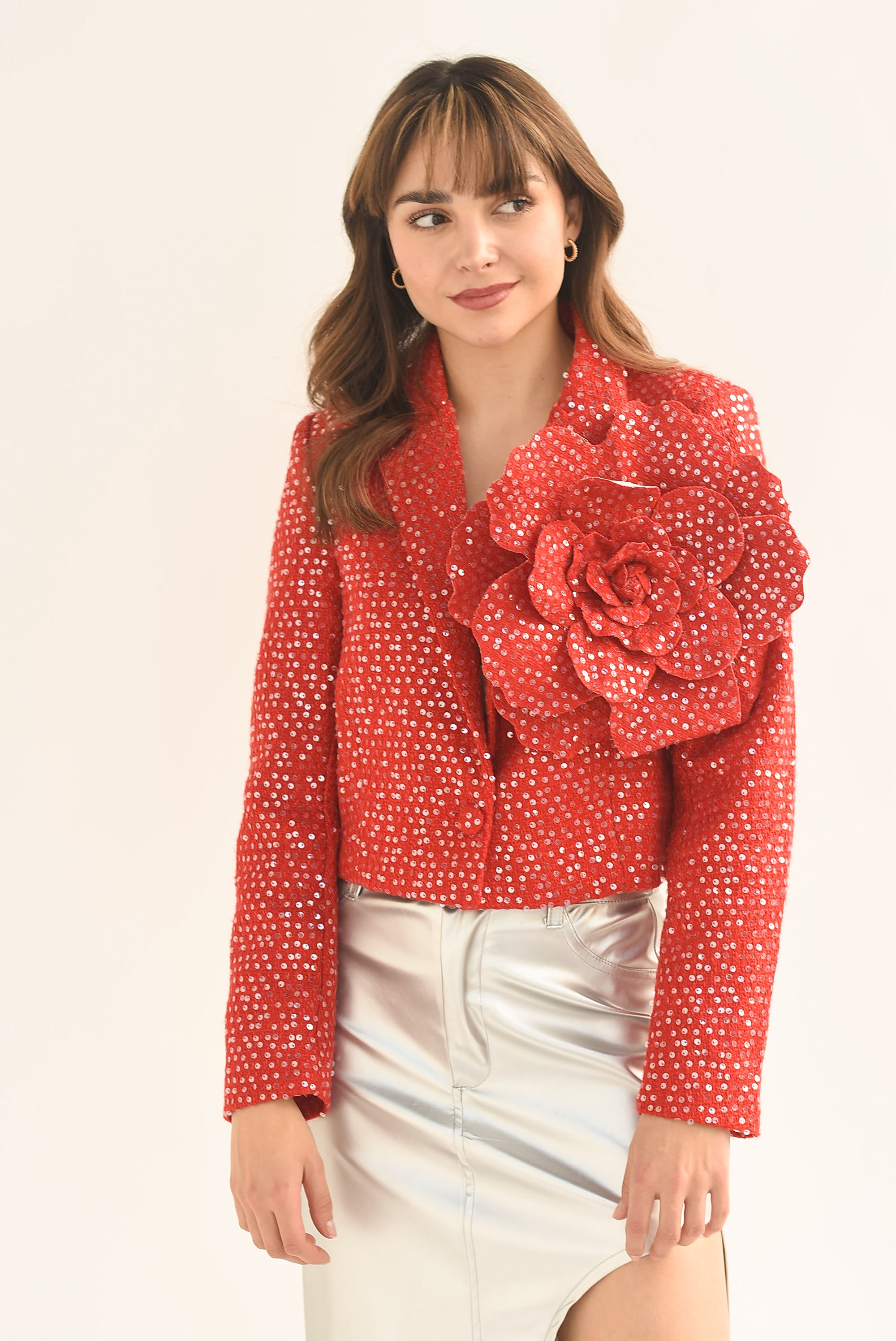 Blazer crop lentejuela maxi Flor 3D Rojo