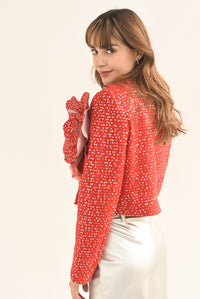 Fashion Styled Blazer crop lentejuela maxi Flor 3D Rojo