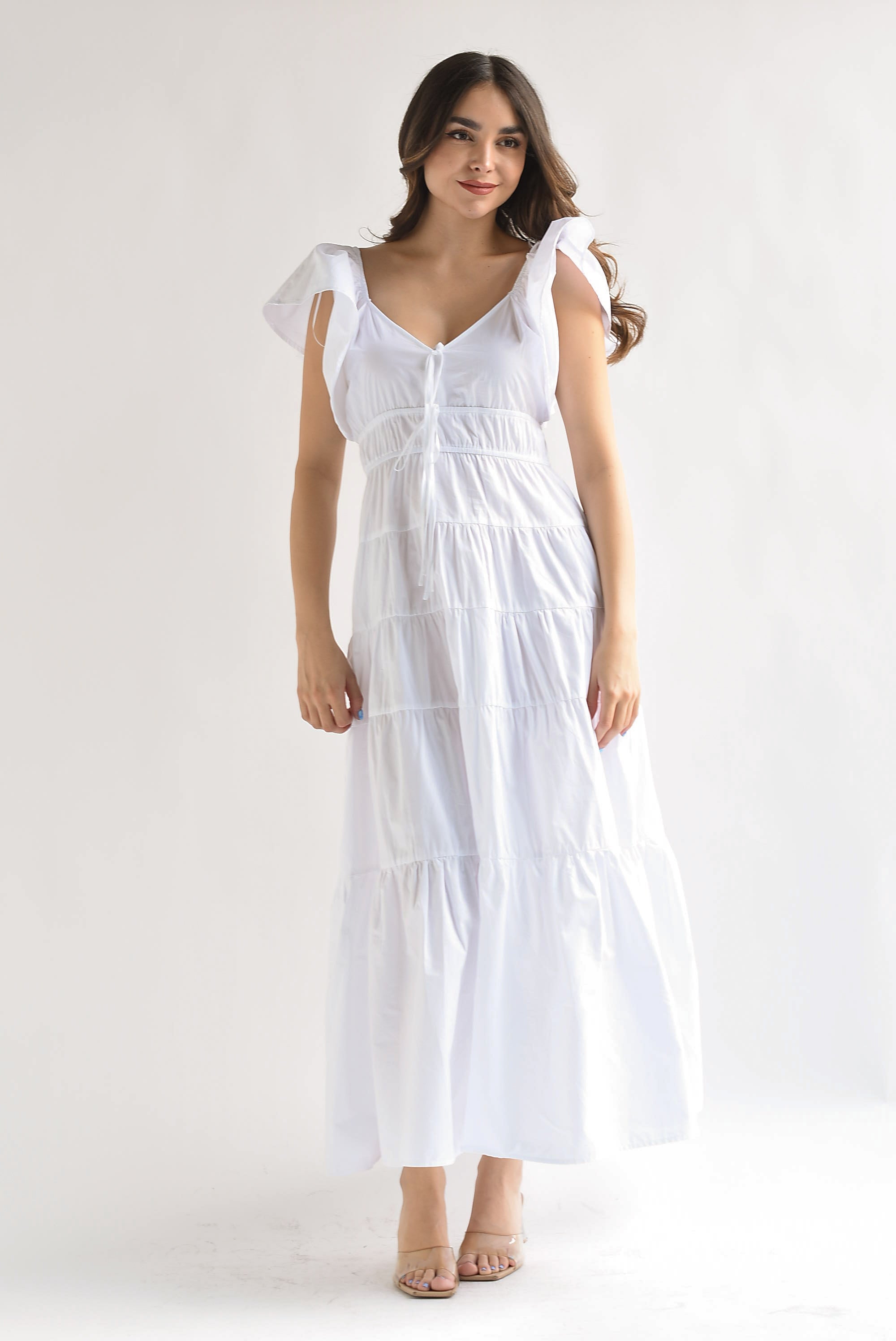 Vestido largo olanes y lazos Blanco