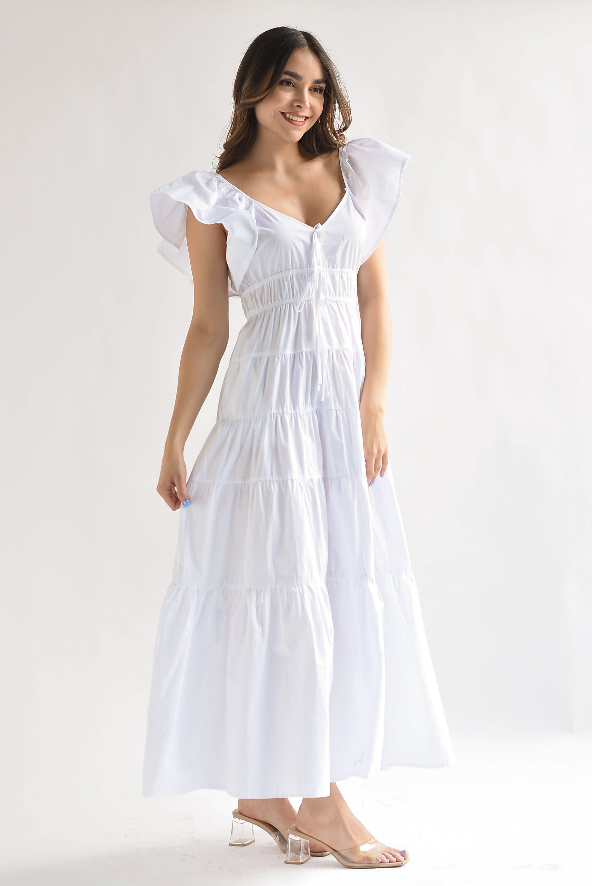 Vestido largo olanes y lazos Blanco