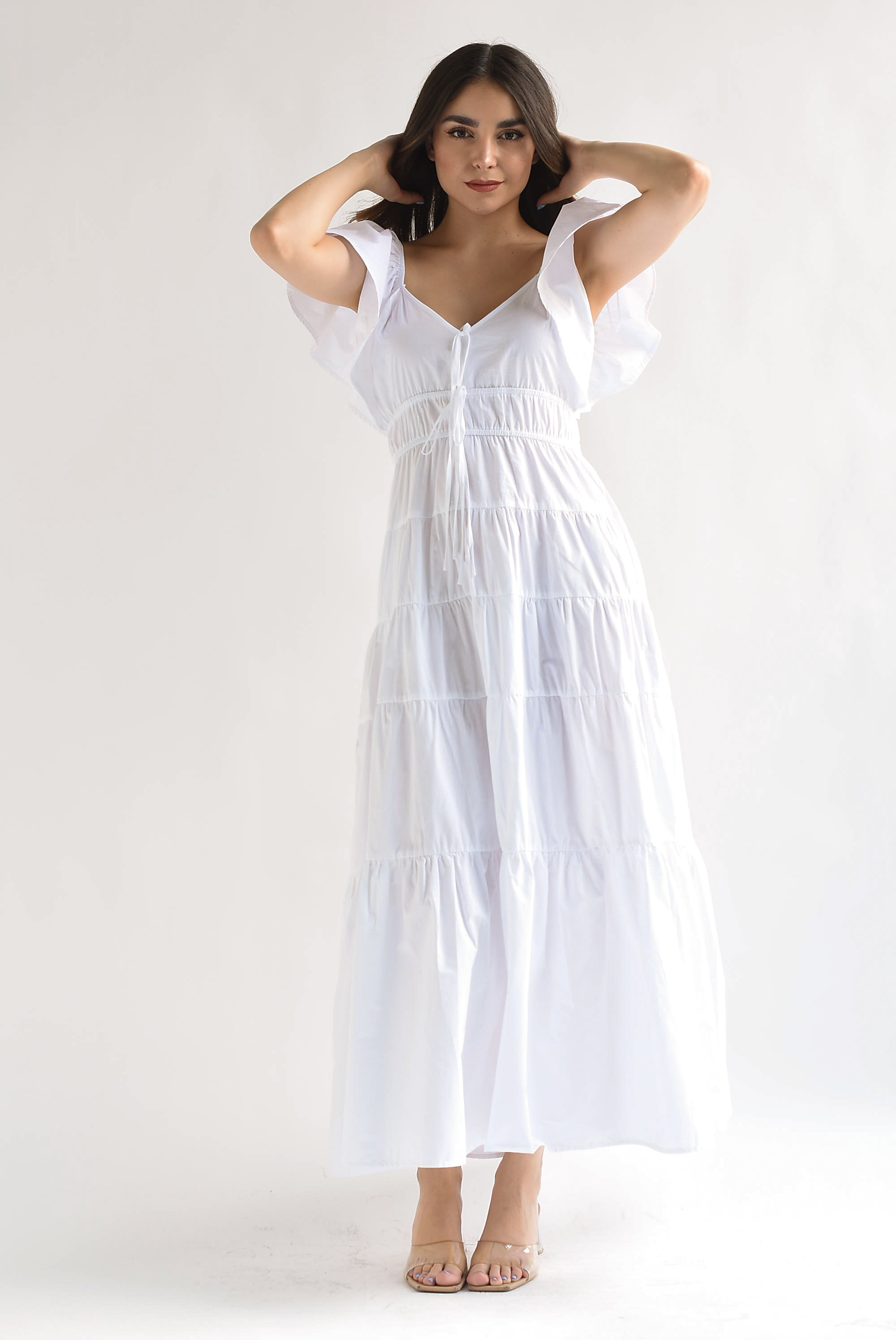 Vestido largo olanes y lazos Blanco