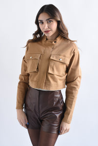 Fashion Styled Chamarra Denim cargo Camel