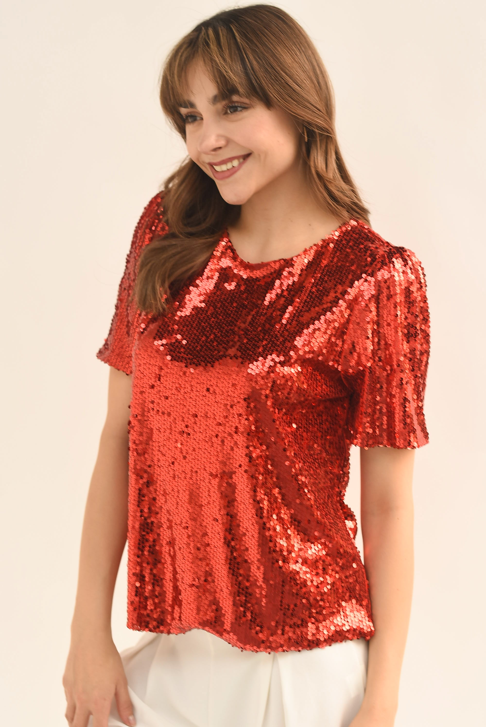 Blusa manga corta lentejuela Roja