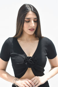 Fashion Styled Sweater drapeado flor Negro