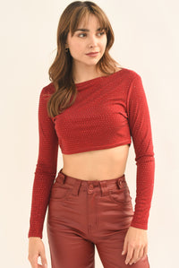 Fashion Styled Blusa crop manga larga brillos Vino